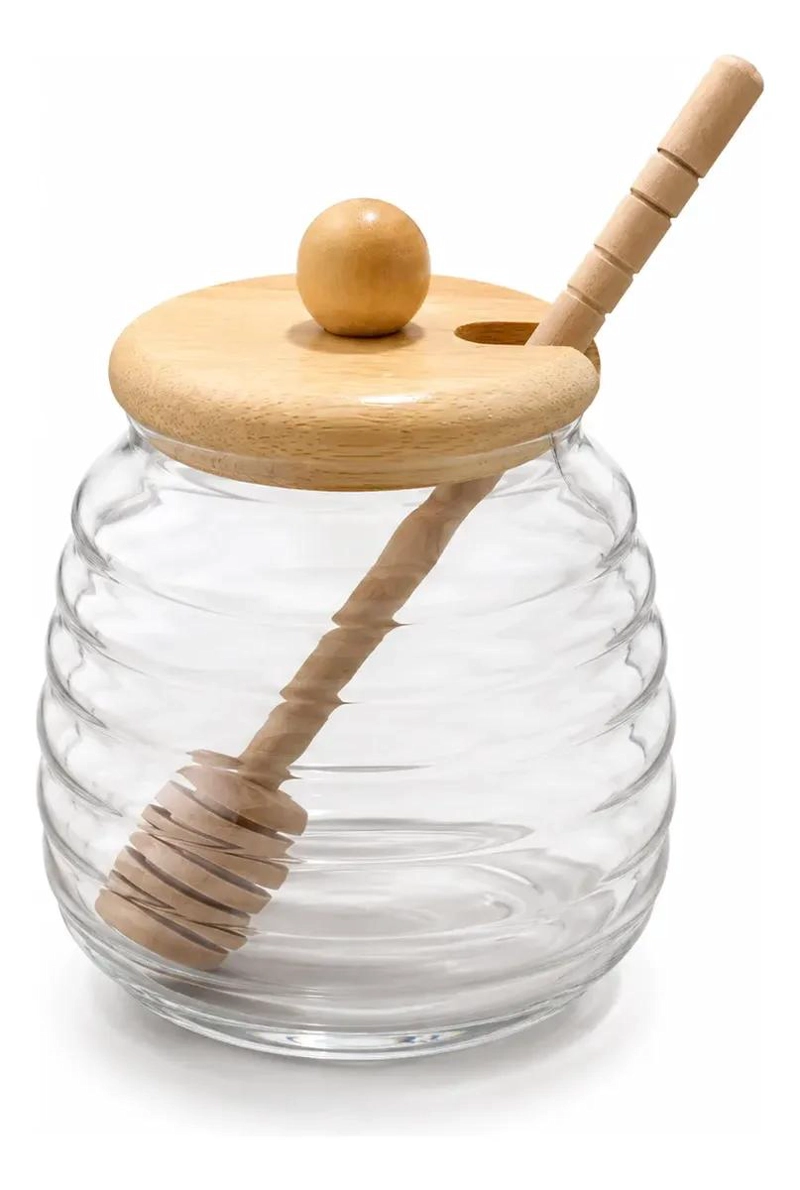 MIELERA DE VIDRIO Y BAMBU CON CUCHARA Y BANDEJA - 2