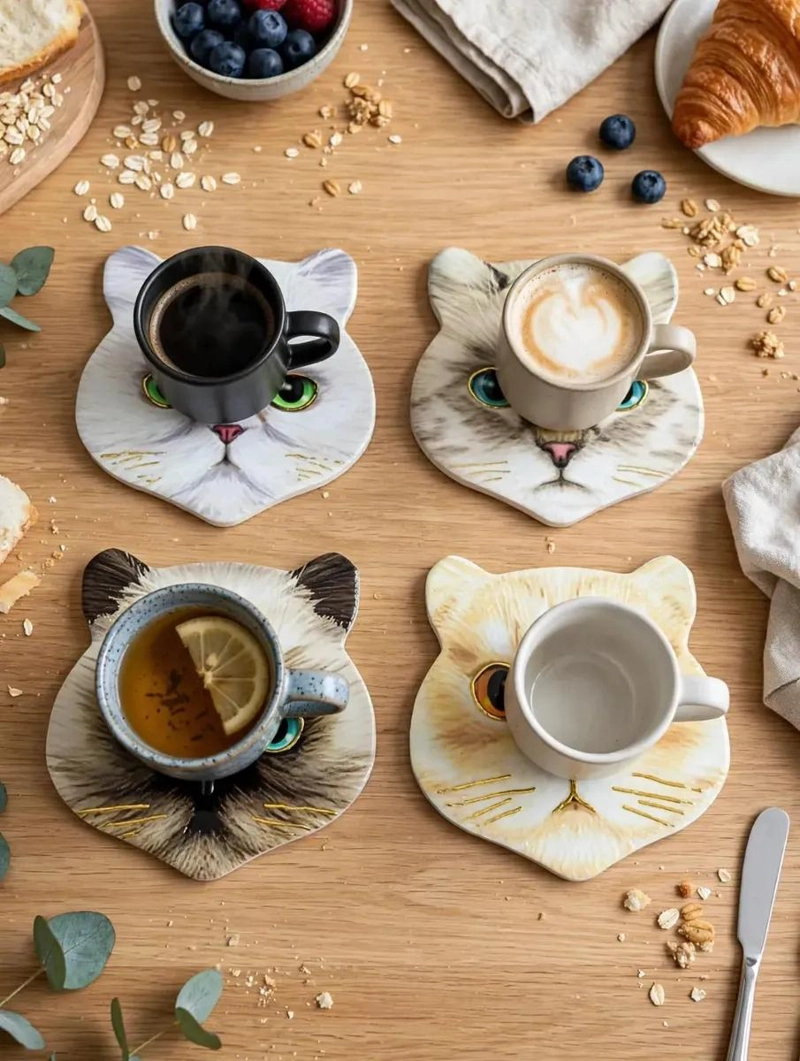 SET DE 4 POSAVASOS DECORATIVOS CON DISEÑO DE GATITOS - 4