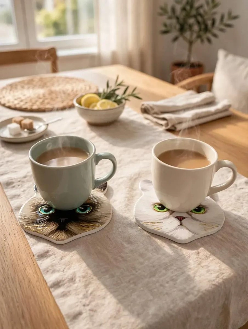 SET DE 4 POSAVASOS DECORATIVOS CON DISEÑO DE GATITOS - 5
