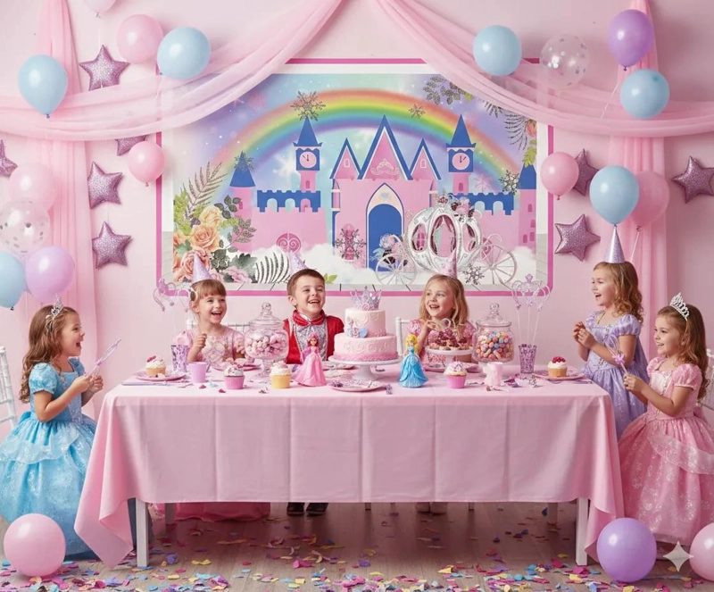 FONDO TELON DE TELA PARA FIESTA DE CUMPLEAÑOS CASTILLO PRINCESAS - 2