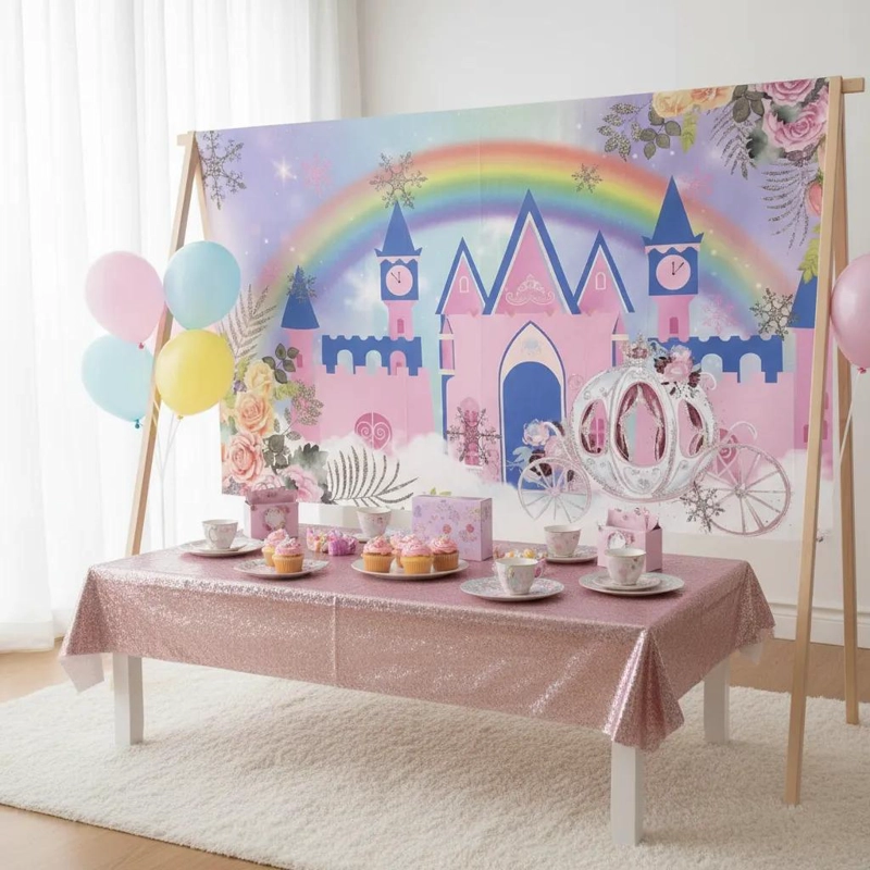 FONDO TELON DE TELA PARA FIESTA DE CUMPLEAÑOS CASTILLO PRINCESAS - 4