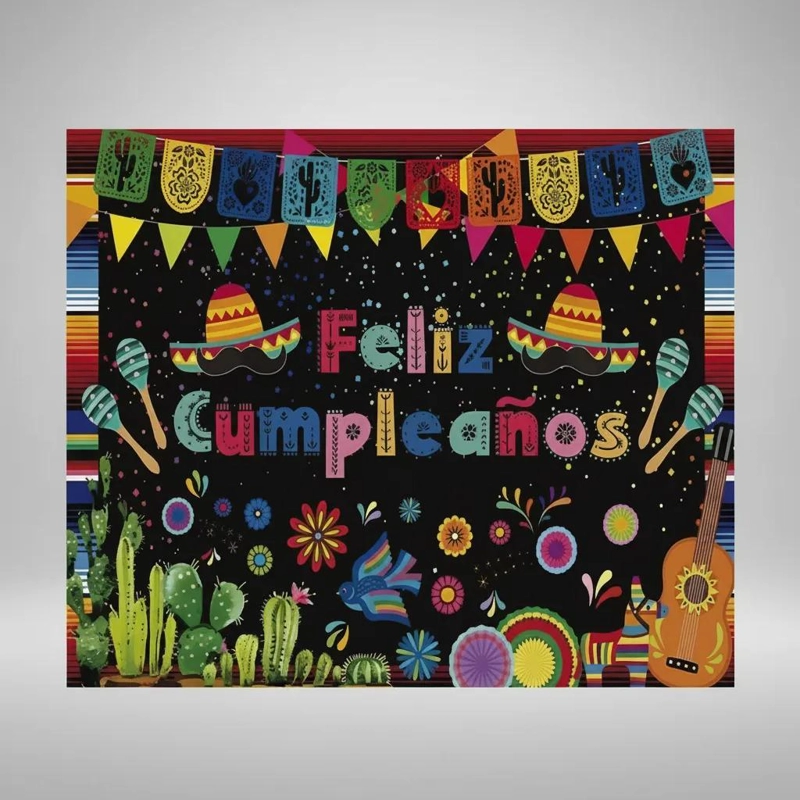 FONDO DE TELA PARA CUMPLEAÑOS CON DISEÑO MARIACHI 125 X 80 CM - 1