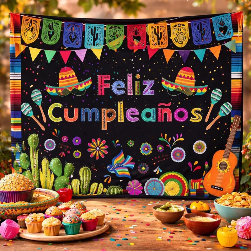 FONDO DE TELA PARA CUMPLEAÑOS CON DISEÑO MARIACHI 125 X 80 CM - 2