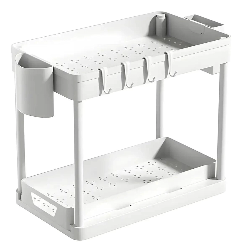 ESTANTE ORGANIZADOR DOBLE NIVEL PARA BAÑO Y COCINA CON GANCHOS - 2