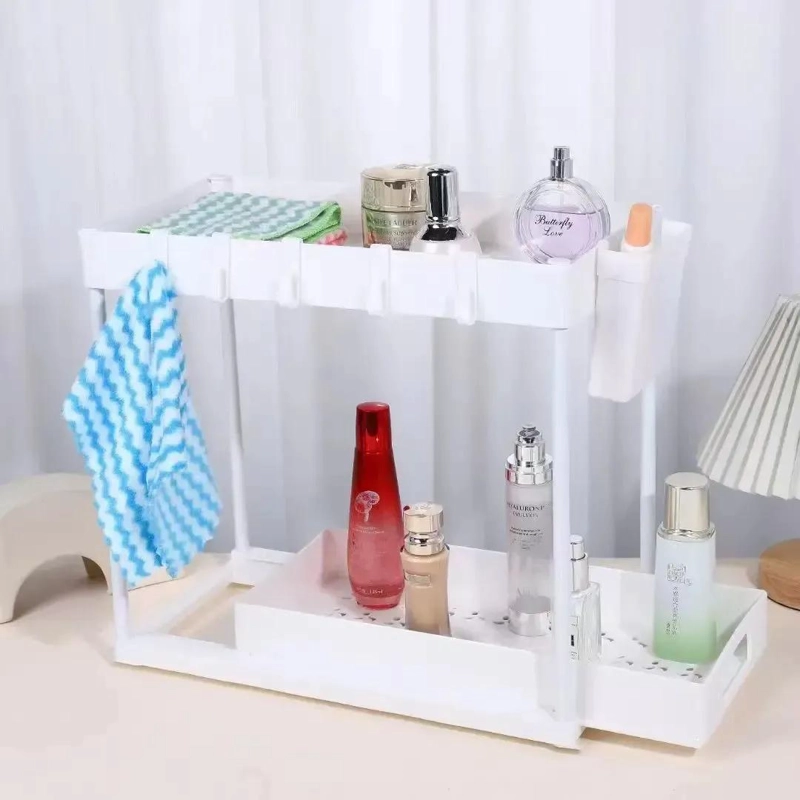 ESTANTE ORGANIZADOR DOBLE NIVEL PARA BAÑO Y COCINA CON GANCHOS - 4