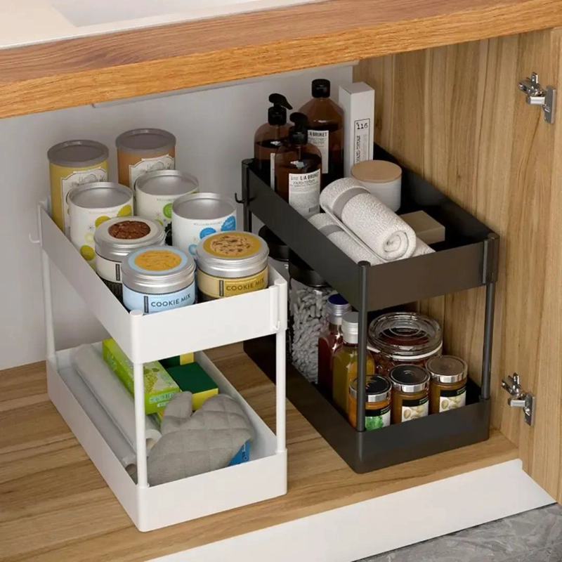 ESTANTE ORGANIZADOR DOBLE NIVEL PARA BAÑO Y COCINA CON GANCHOS - 5