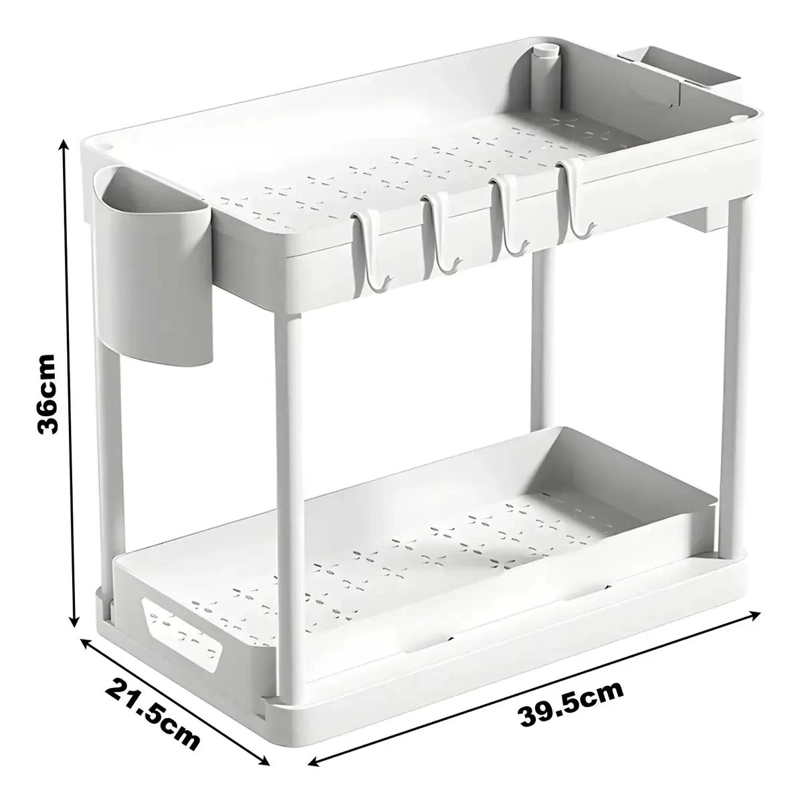 ESTANTE ORGANIZADOR DOBLE NIVEL PARA BAÑO Y COCINA CON GANCHOS - 6