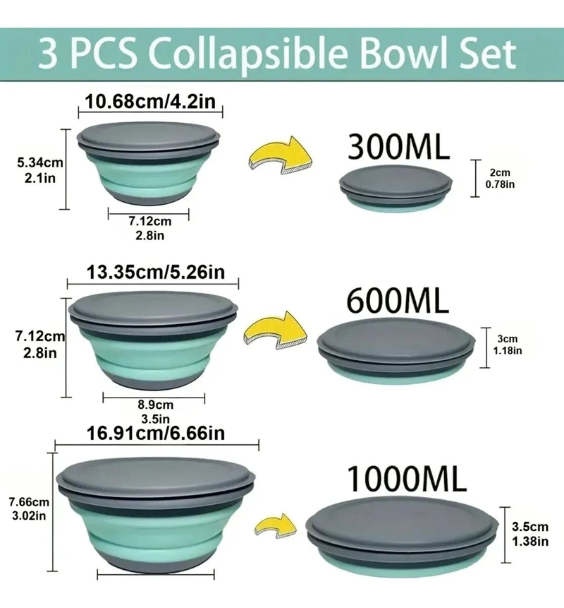 SET DE 3 CUENCOS PLEGABLES DE SILICONA CON TAPA - 2