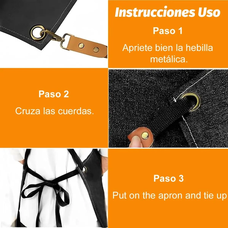 DELANTAL DE LONA AJUSTABLE CON TRES BOLSILLOS PARA COCINA Y ESTILISMO - 8