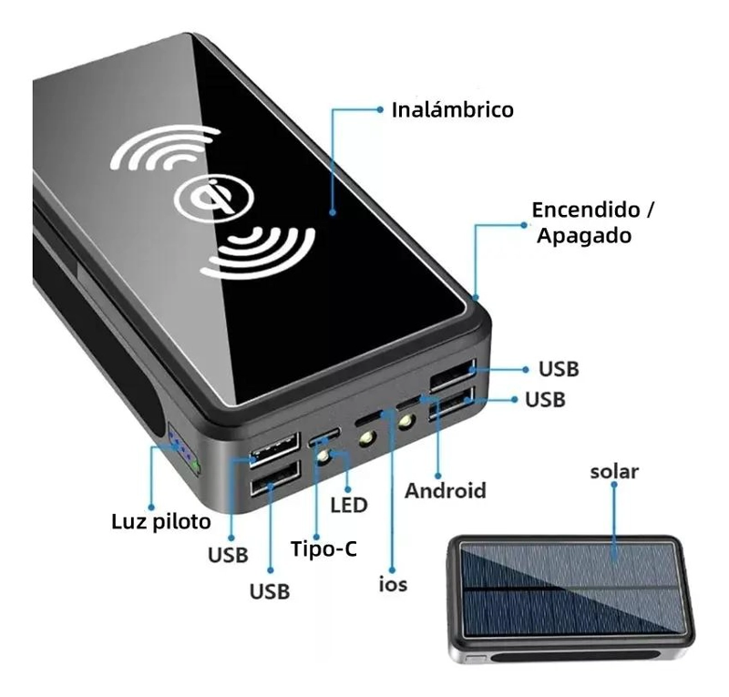 BATERIA EXTERNA 80000MAH CARGA SOLAR Y USB-C PORTATIL - 9