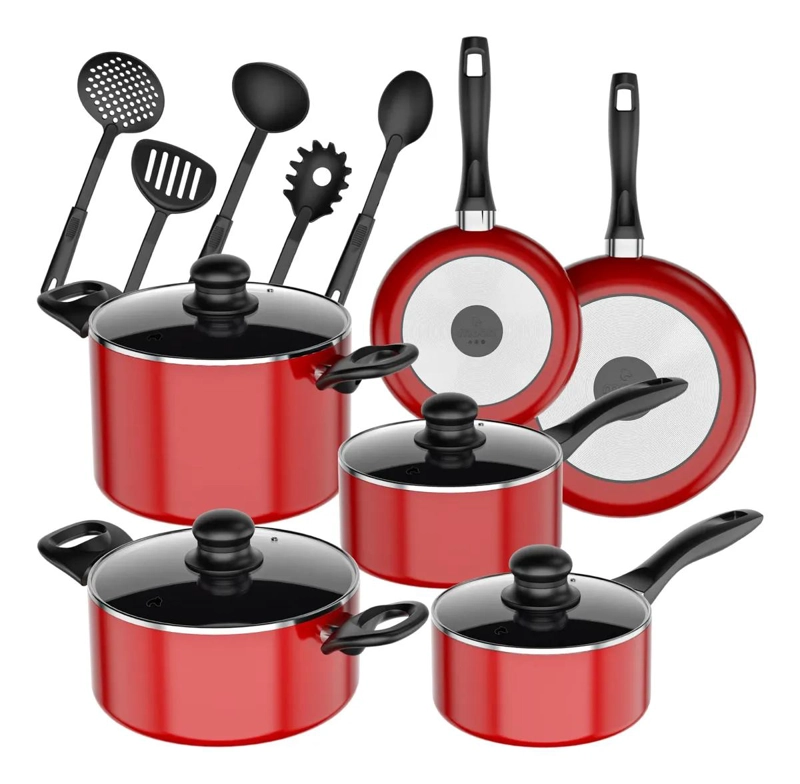 BATERIA DE COCINA ANTIADHERENTE DE 15 PIEZAS EN ALUMINIO ROJO - 1