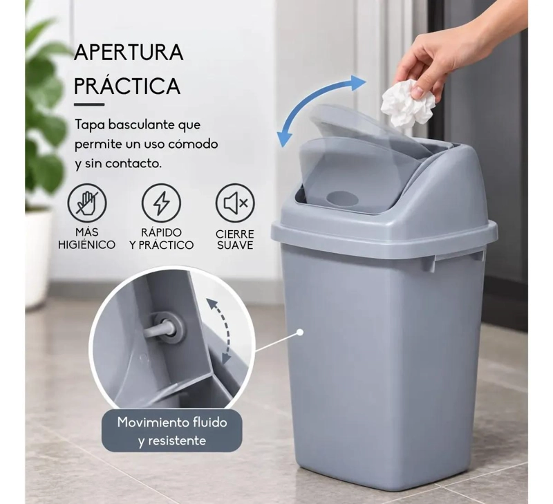 BASURERO PLASTICO CON TAPA VAIVE N PARA COCINA Y OFICINA - 4