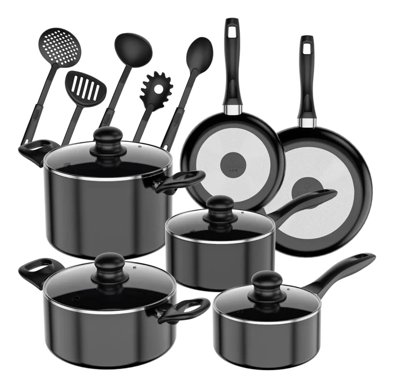 SET DE BATERIA DE COCINA ANTIADHERENTE DE 15 PIEZAS EN COLOR NEGRO - 1
