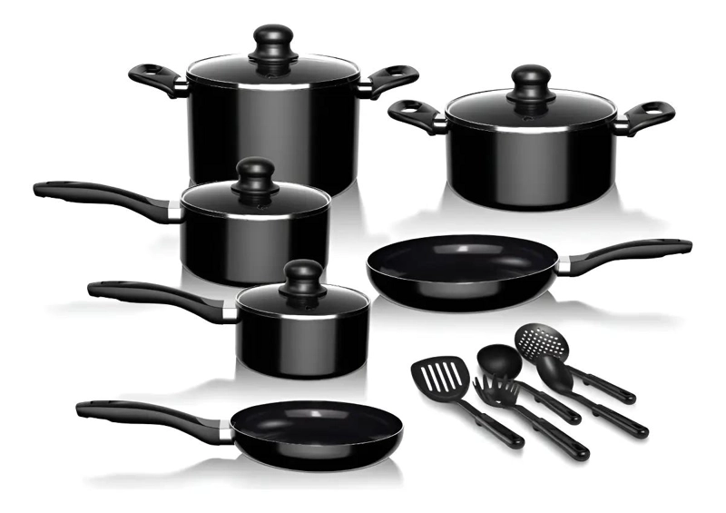 SET DE BATERIA DE COCINA ANTIADHERENTE DE 15 PIEZAS EN COLOR NEGRO - 3