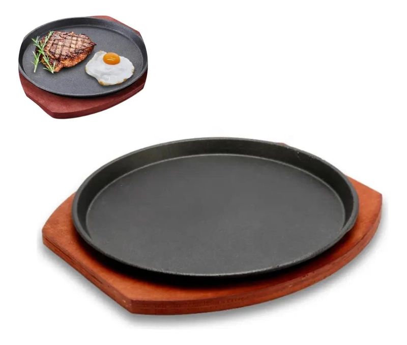 PLATO DE FIERRO DE 23 CM CON BASE DE MADERA CAOBA PARA COCINA - 1