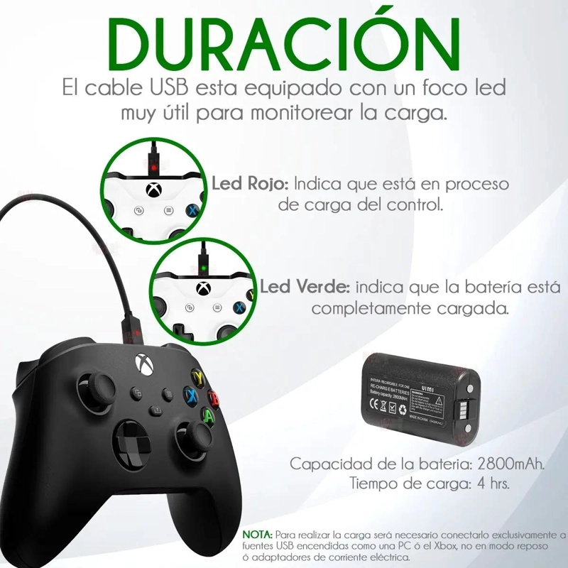 KIT DE BATERIA RECARGABLE PARA XBOX ONE CON CARGA CONTINUA - 3