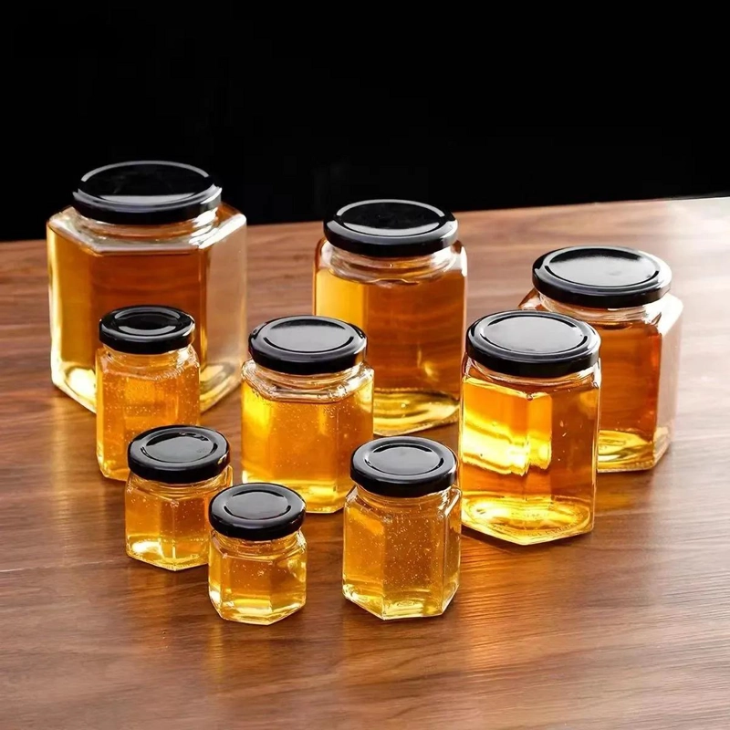 TARRO DE VIDRIO HEXAGONAL HERME TICO PARA MIEL Y CONSERVAS - 7