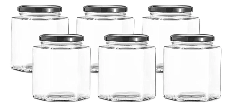 TARRO DE VIDRIO HEXAGONAL HERME TICO PARA MIEL Y CONSERVAS - 8