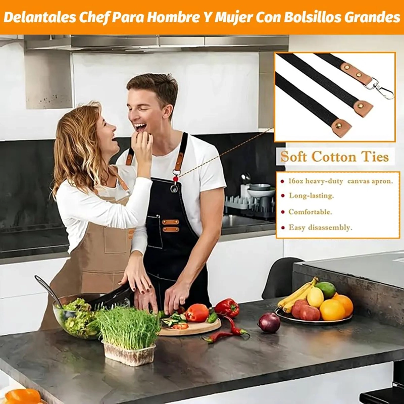 DELANTAL DE LONA AJUSTABLE CON TRES BOLSILLOS PARA COCINA Y ESTILISMO - 4