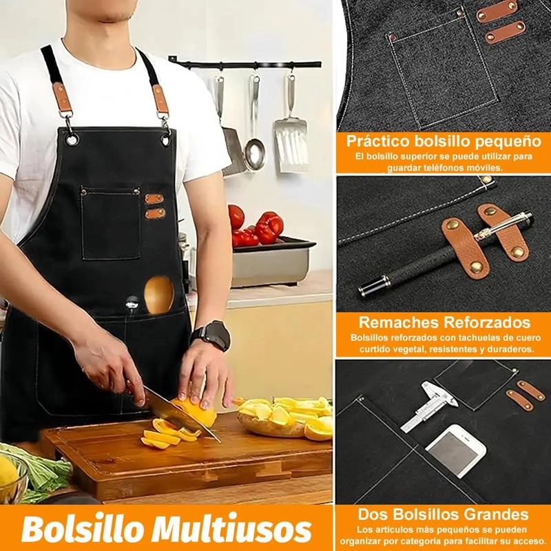DELANTAL DE LONA AJUSTABLE CON TRES BOLSILLOS PARA COCINA Y ESTILISMO - 5