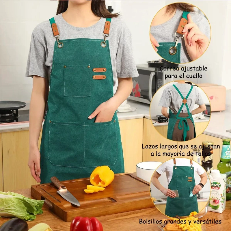 DELANTAL DE LONA AJUSTABLE CON BOLSILLOS PARA COCINA Y ESTILISMO - 4