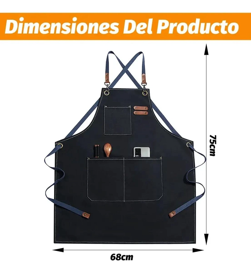 DELANTAL DE LONA AJUSTABLE CON TRES BOLSILLOS PARA COCINA Y ESTILISMO - 2