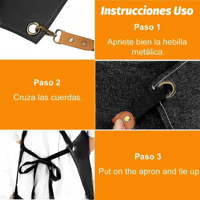DELANTAL DE LONA AJUSTABLE CON TRES BOLSILLOS PARA COCINA Y ESTILISMO - 4
