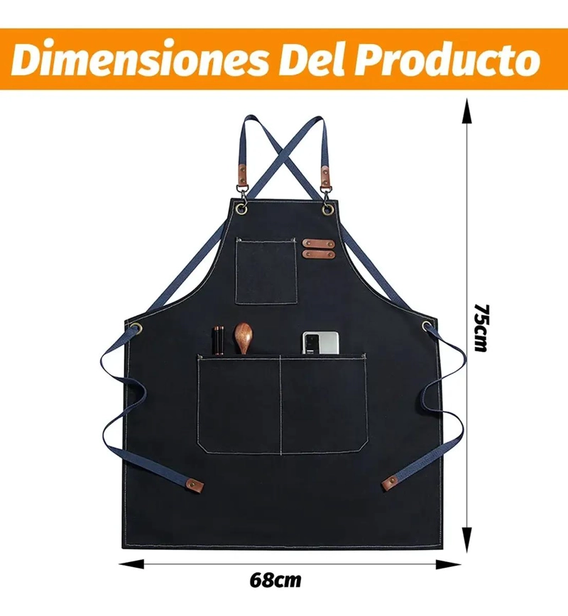 DELANTAL DE LONA AJUSTABLE CON TRES BOLSILLOS PARA COCINA Y ESTILISMO - 2