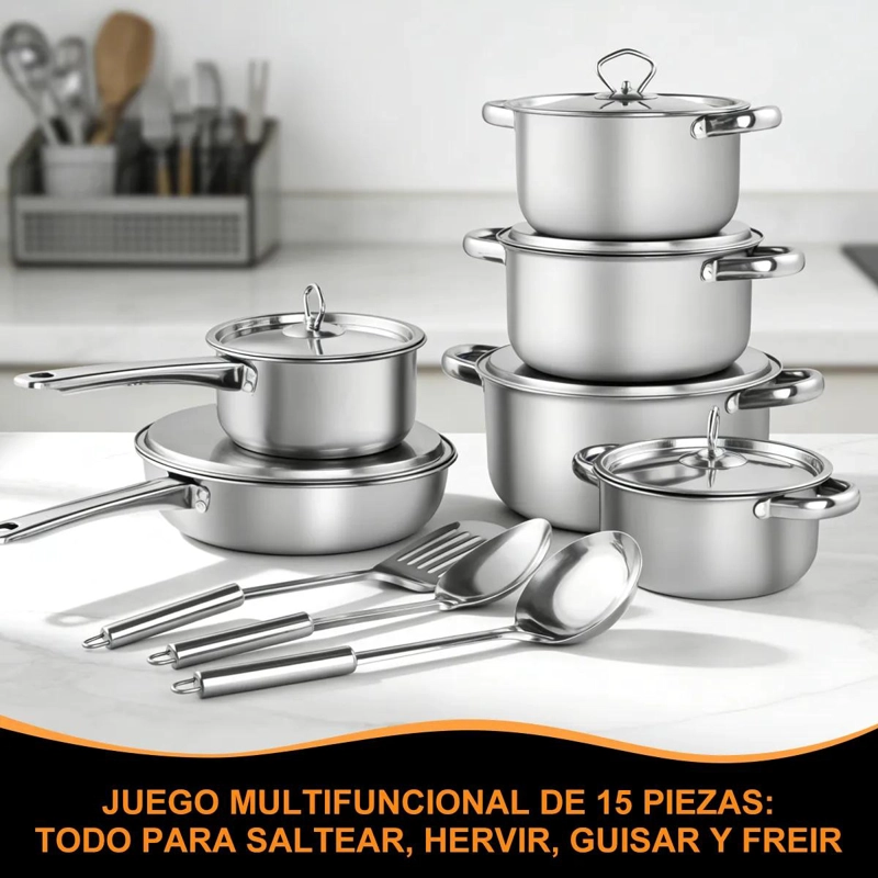 JUEGO DE OLLAS DE ACERO INOXIDABLE 15 PIEZAS PARA COCINAR - 5