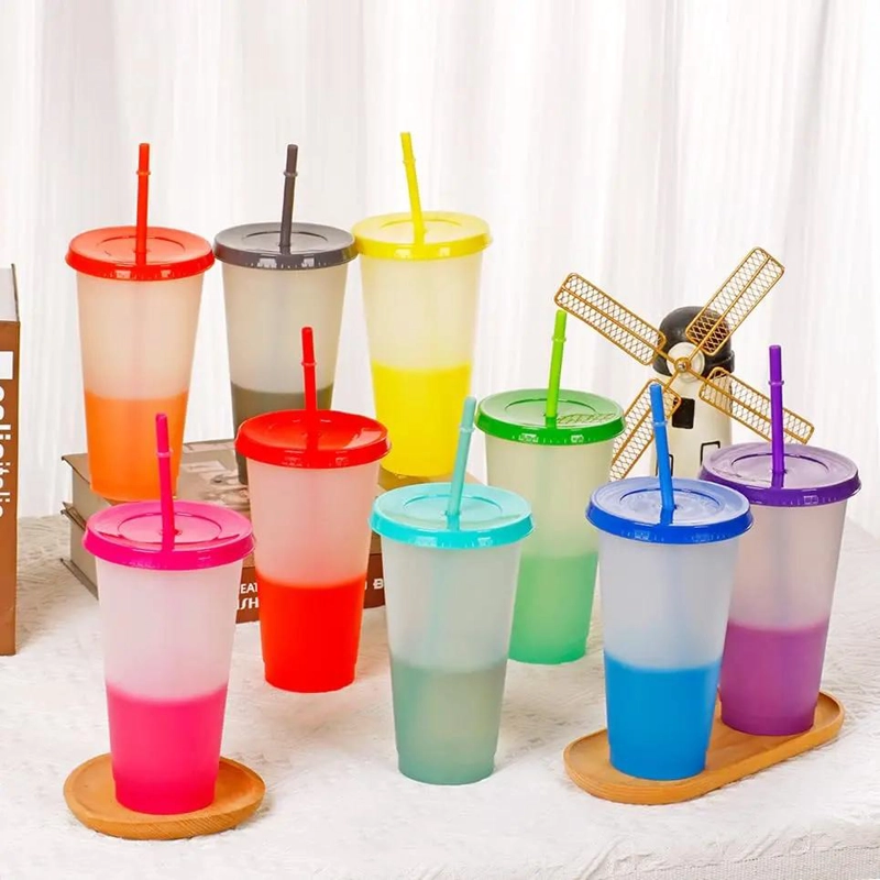 VASOS DE PLASTICO QUE CAMBIAN DE COLOR CON TAPA Y POPOTE 710ML 10 PIEZAS - 6