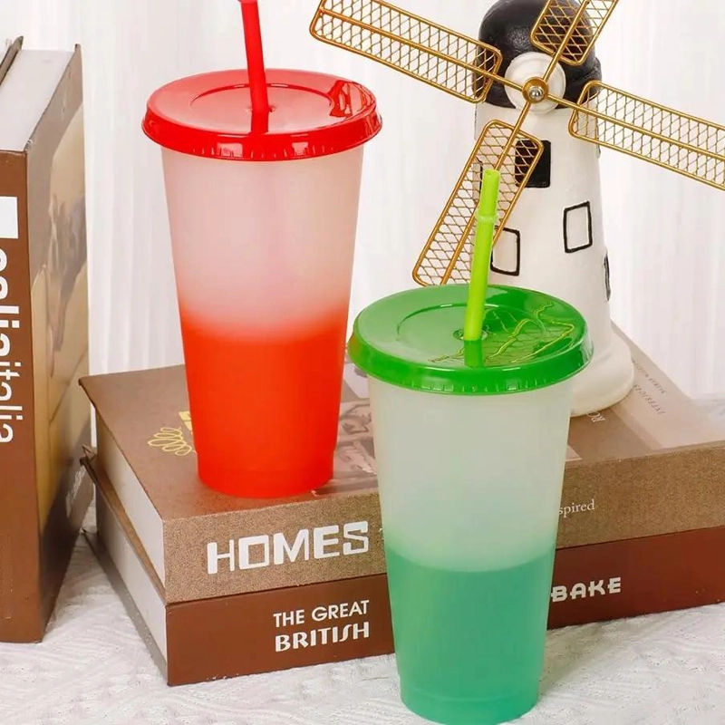 VASOS DE PLASTICO QUE CAMBIAN DE COLOR CON TAPA Y POPOTE 710ML 10 PIEZAS - 8