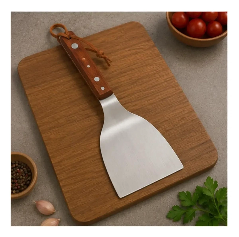 ESPATULA PARA PARRILLA DE ACERO CON MANGO ERGONOMICO DE MADERA 30 CM - 1