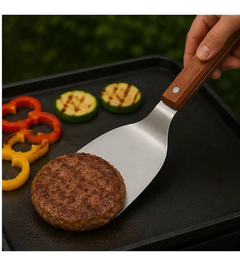 ESPATULA PARA PARRILLA DE ACERO CON MANGO ERGONOMICO DE MADERA 30 CM - 3