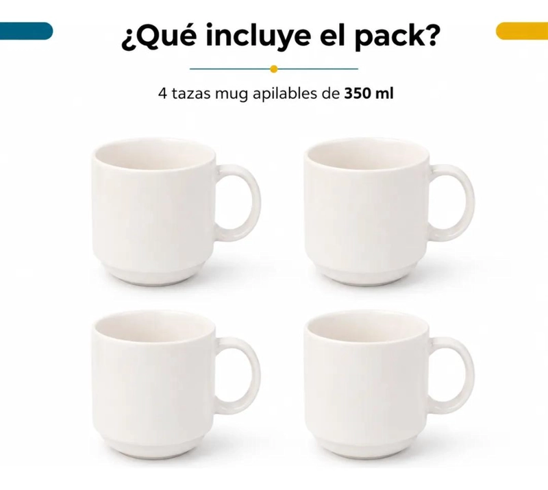 SET DE 4 TAZAS MUGS APILABLES DE PORCELANA 350 ML PARA BEBIDAS CALIENTES - 3