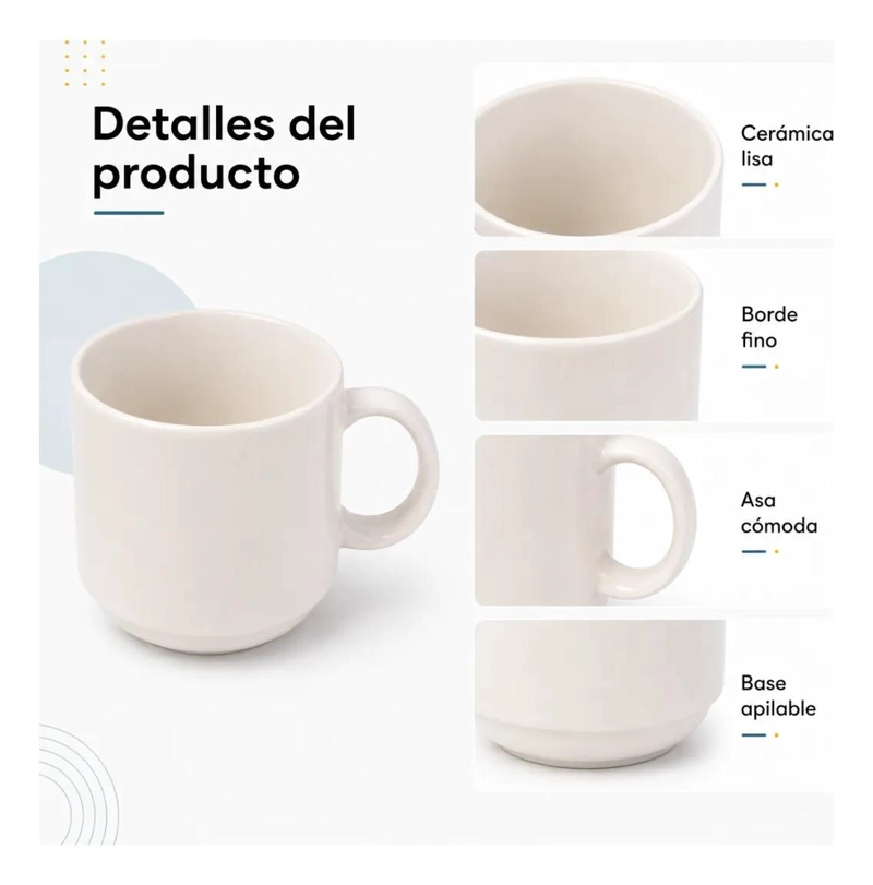 SET DE 4 TAZAS MUGS APILABLES DE PORCELANA 350 ML PARA BEBIDAS CALIENTES - 6