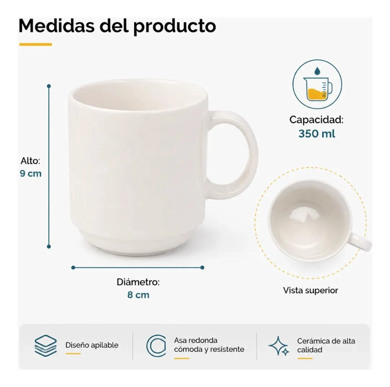SET DE 4 TAZAS MUGS APILABLES DE PORCELANA 350 ML PARA BEBIDAS CALIENTES - 8