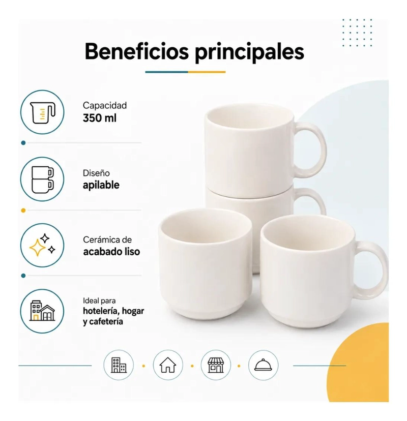 SET DE 4 TAZAS MUGS APILABLES DE PORCELANA 350 ML PARA BEBIDAS CALIENTES - 9
