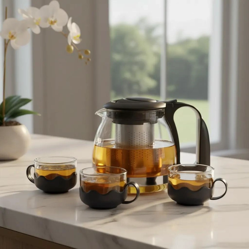 SET DE TETERA DE VIDRIO CON FILTRO Y 4 TAZAS PARA TE - 1