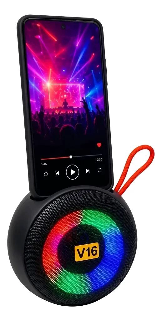 PARLANTE BLUETOOTH V16 8W CON LUZ LED Y SOPORTE PARA CELULAR - 1