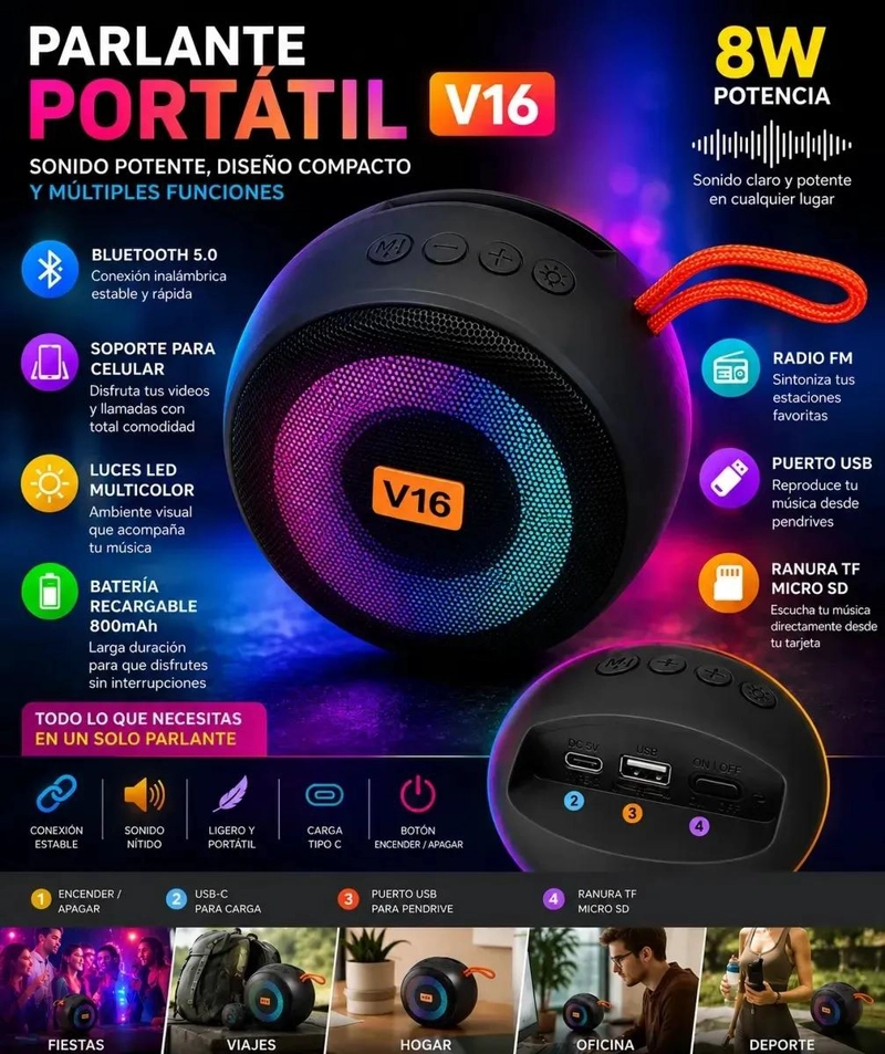 PARLANTE BLUETOOTH V16 8W CON LUZ LED Y SOPORTE PARA CELULAR - 2