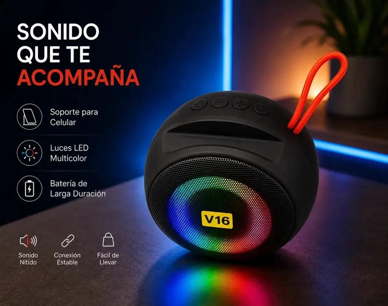 PARLANTE BLUETOOTH V16 8W CON LUZ LED Y SOPORTE PARA CELULAR - 9