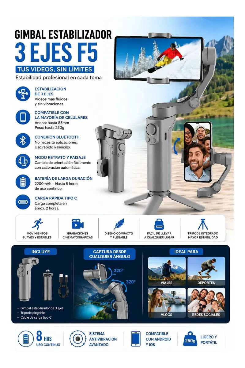 ESTABILIZADOR GIMBAL 3 EJES PARA CELULARES CON TRIPODE - 1