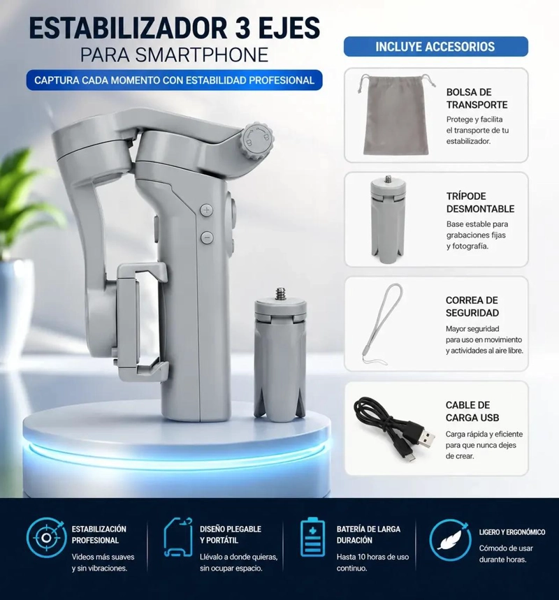 ESTABILIZADOR GIMBAL 3 EJES PARA CELULARES CON TRIPODE - 6