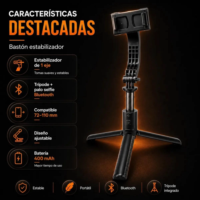 BASTON SELFIE ESTABILIZADOR PARA CELULAR CON TRIPODE INTEGRADO - 4
