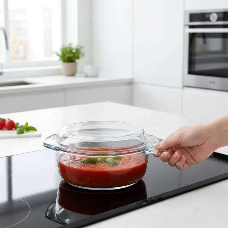 CACEROLA REDONDA DE VIDRIO 0.65L CON TAPA PARA HORNO - 2
