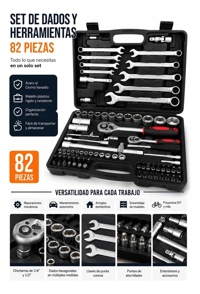 KIT COMPLETO DE HERRAMIENTAS Y DADOS DE 82 PIEZAS - 3