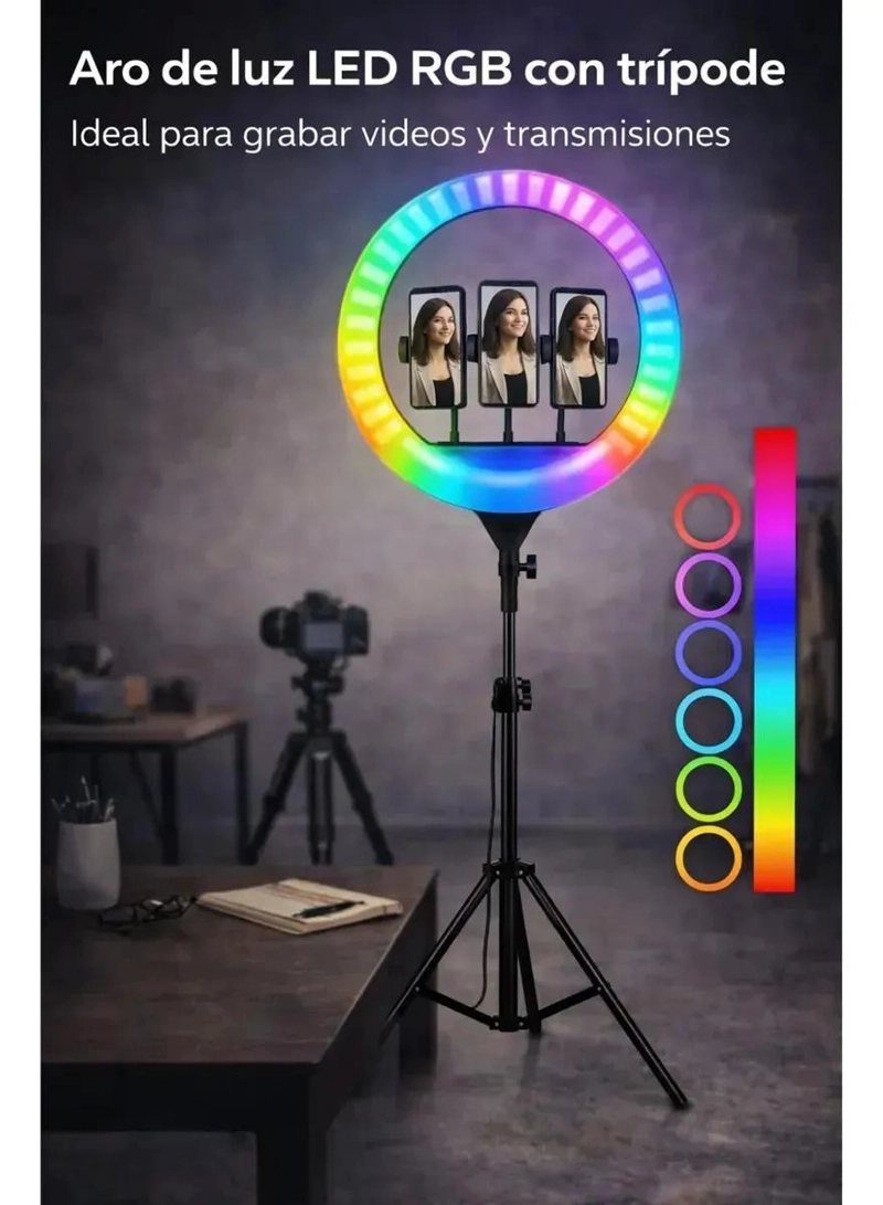 ARO LUZ LED MULTICOLOR 56 CM CON CONTROL Y TRIPODE AJUSTABLE - 10