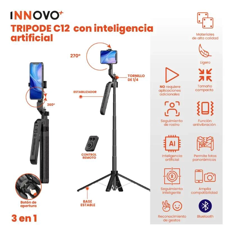 TRIPODE INTELIGENTE 180 CM CON CONTROL REMOTO Y BLUETOOTH - 2