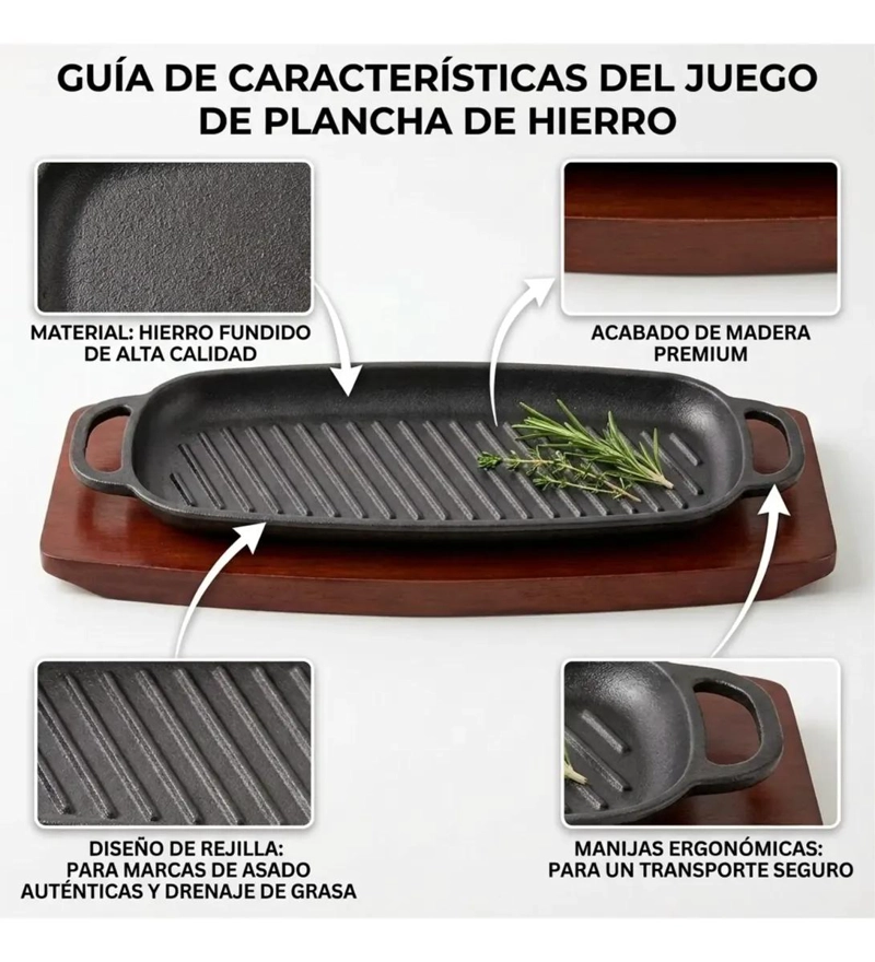 PLANCHA GRILL RECTANGULAR DE HIERRO FUNDIDO 34X15CM CON BASE DE MADERA - 2
