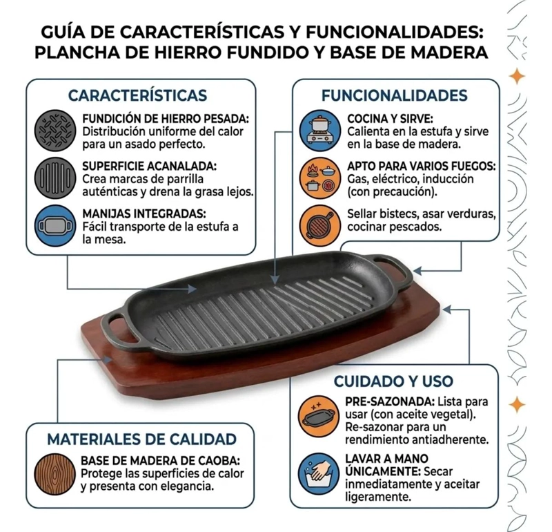 PLANCHA GRILL RECTANGULAR DE HIERRO FUNDIDO 34X15CM CON BASE DE MADERA - 3